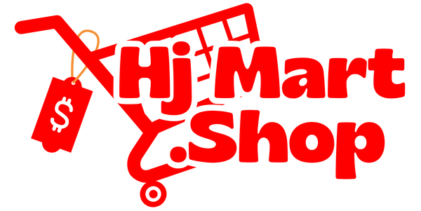 A red shopping cart graphic with the words 'Hj-Mart Shop' in red on a plain white background, plus a red price tag hanging from the cart.